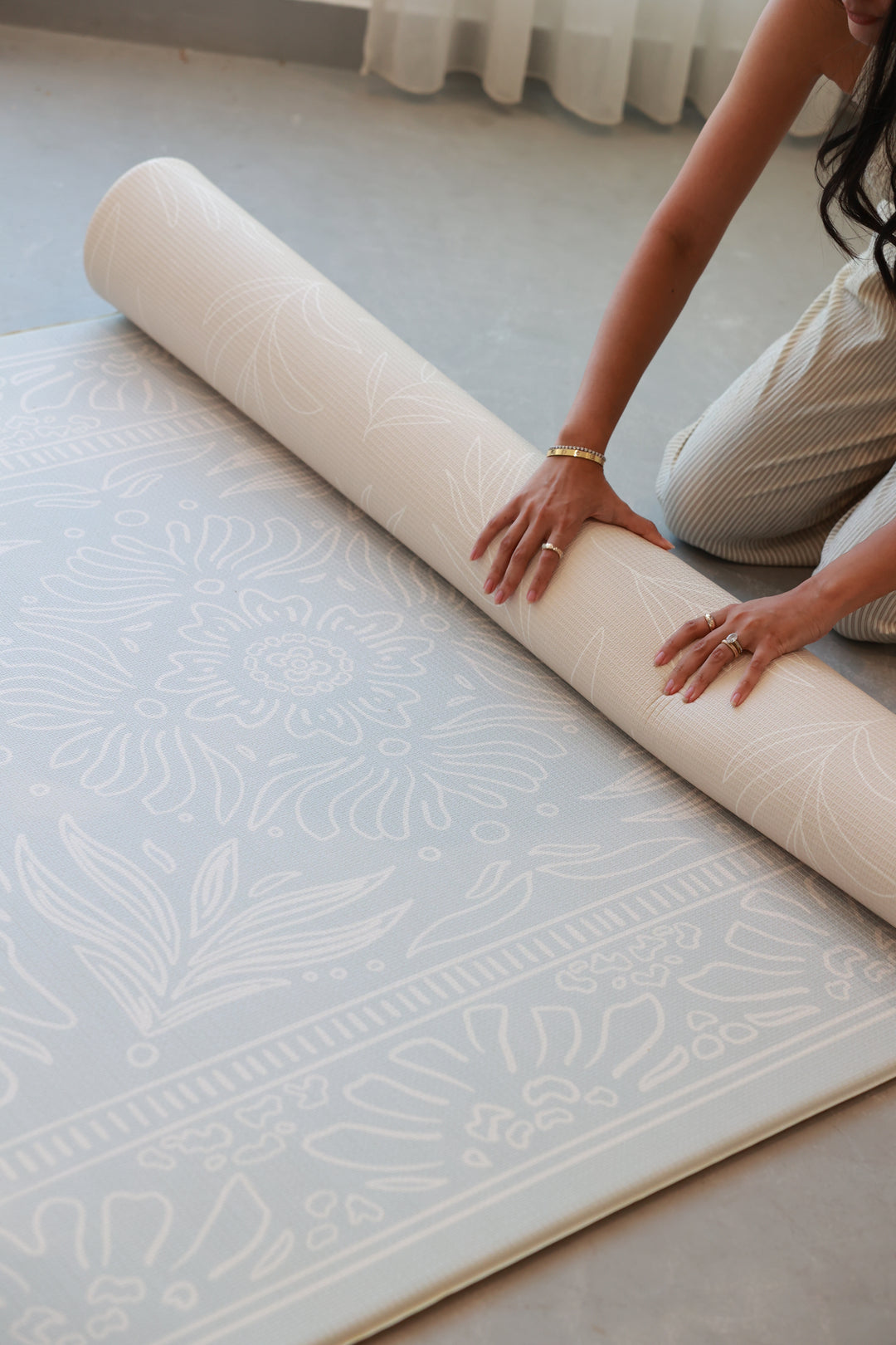 Boho Blue And Beige Leaf Luxury Reversible Baby Playmat | TPU Foam Playmat & 1.5cm Thick Padding