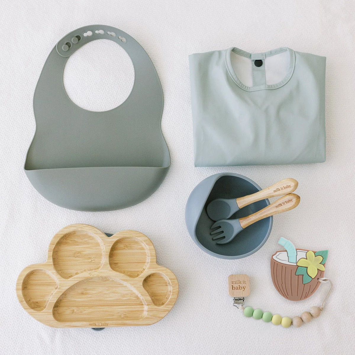 New Born Gift Set of Bamboo & Silicone Tableware with Sleeved Bib & Teether For Boy