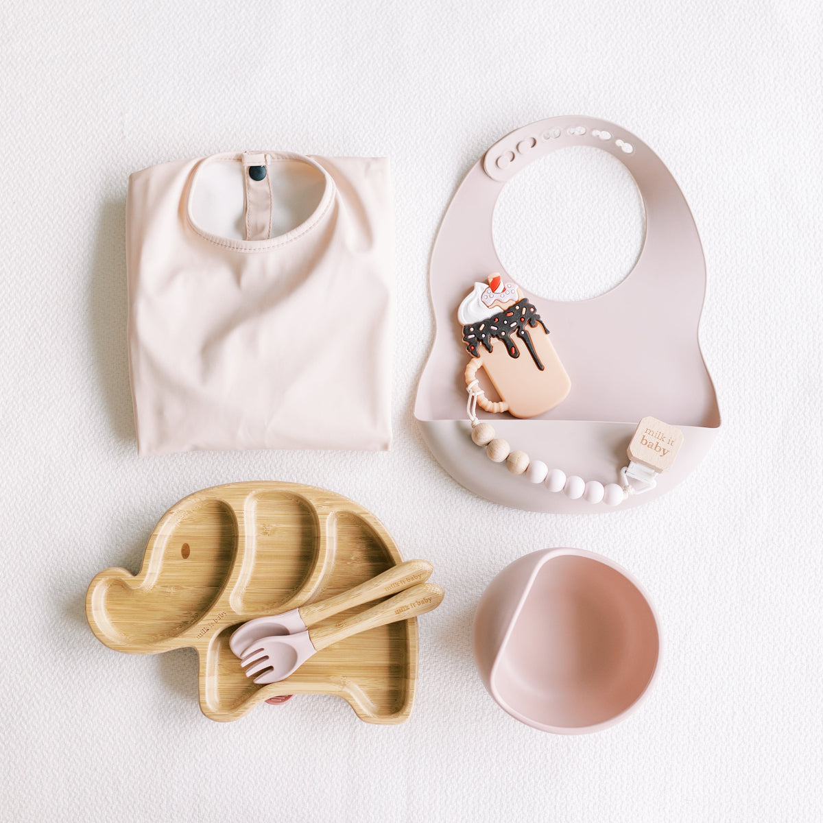 New Born Gift Set of Bamboo & Silicone Tableware with Sleeved Bib & Teether For Girl