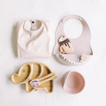 New Born Gift Set of Bamboo & Silicone Tableware with Sleeved Bib & Teether For Girl