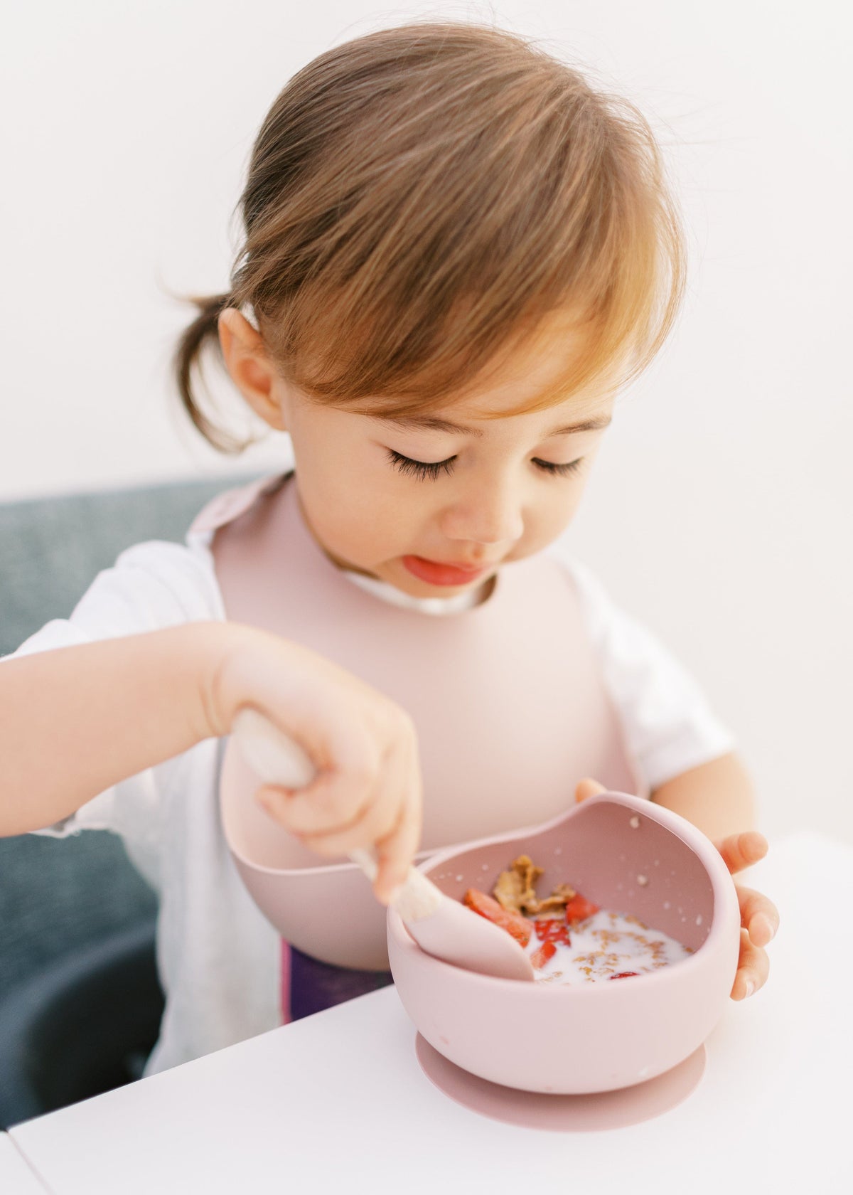 Silicone Bib and Bowl with Spoon Set - Dusty Pink
